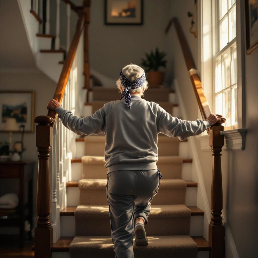 Elderly Woman Stretches for Stairs in Golden Hour Light