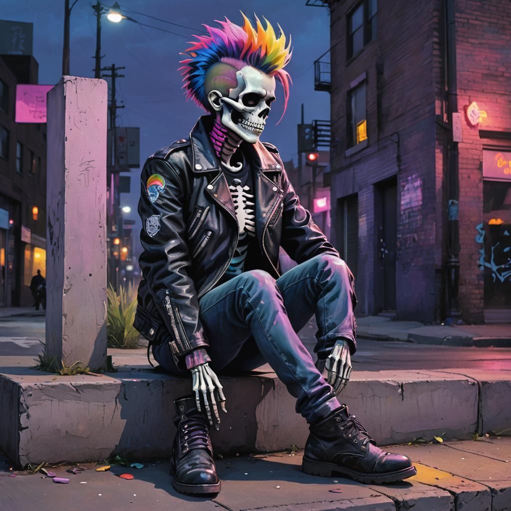 Vaporwave Punk Skeleton Portrait in Moody Neon Lighting