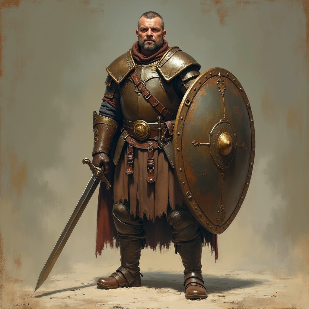 Gritty Human Fighter Guarding a Moneylender