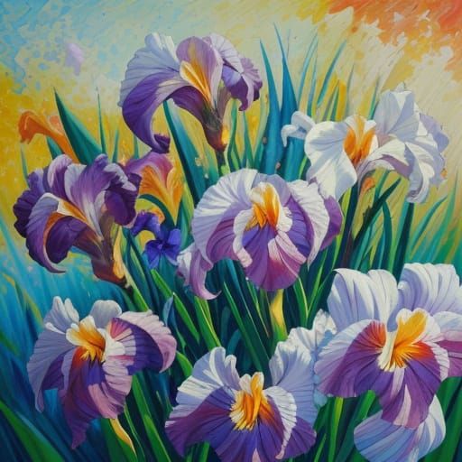 Vibrant Iris in Neo-Impressionist Oil Painting