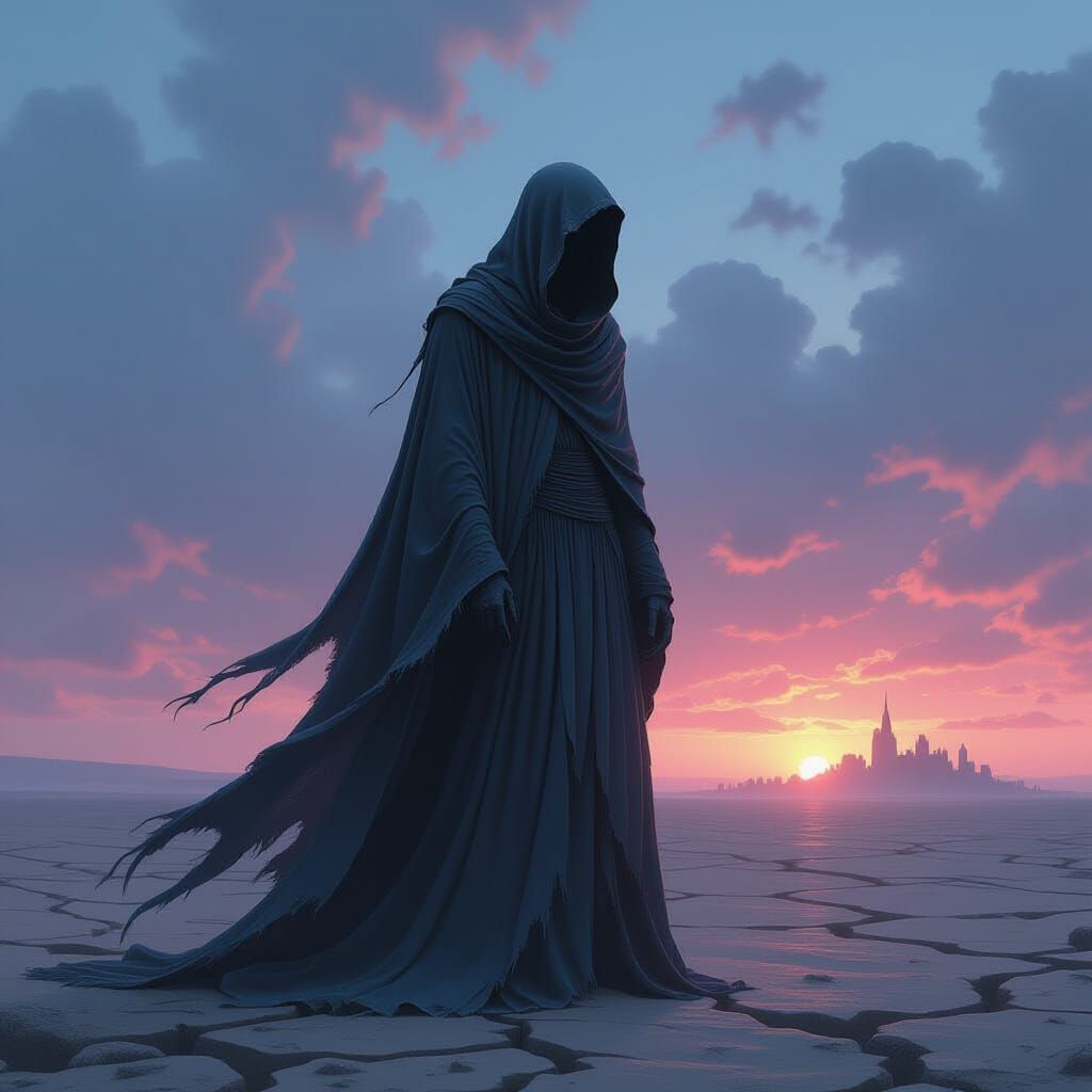 Melancholic Figure on Desolate Plain Under Twilight Sky