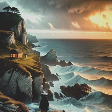 Romantic Seascape with Figure, Golden Hour Lighting