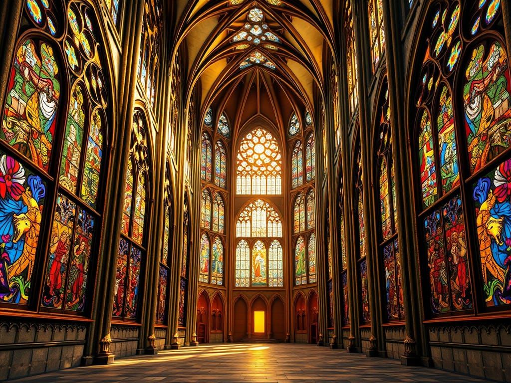 Vibrant Gothic Cathedral with Dreamlike Stained Glass
