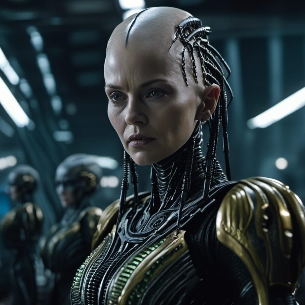 Photorealistic Borg Queen Portrait in Biopunk Style