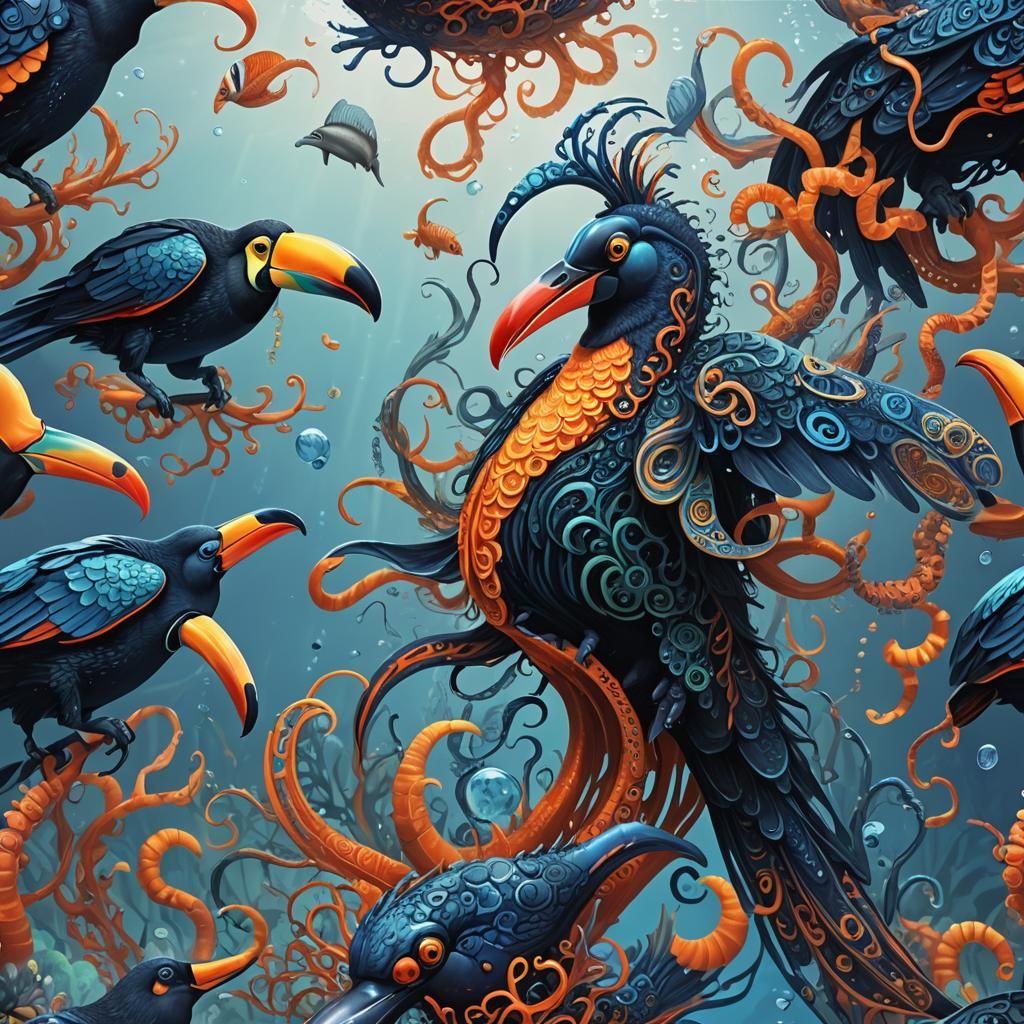 Underwater Toucan-Octopus-Rhino Hybrid Concept Art