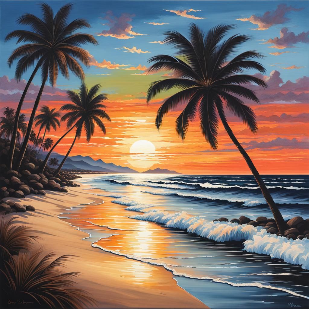 Sunset Silhouette: Palm Trees on a Tropical Beach