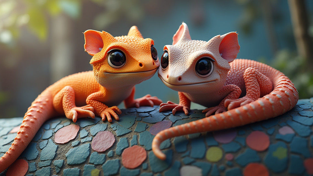 Kawaii Geckos on a Mosaic Wall: Fantasy Art