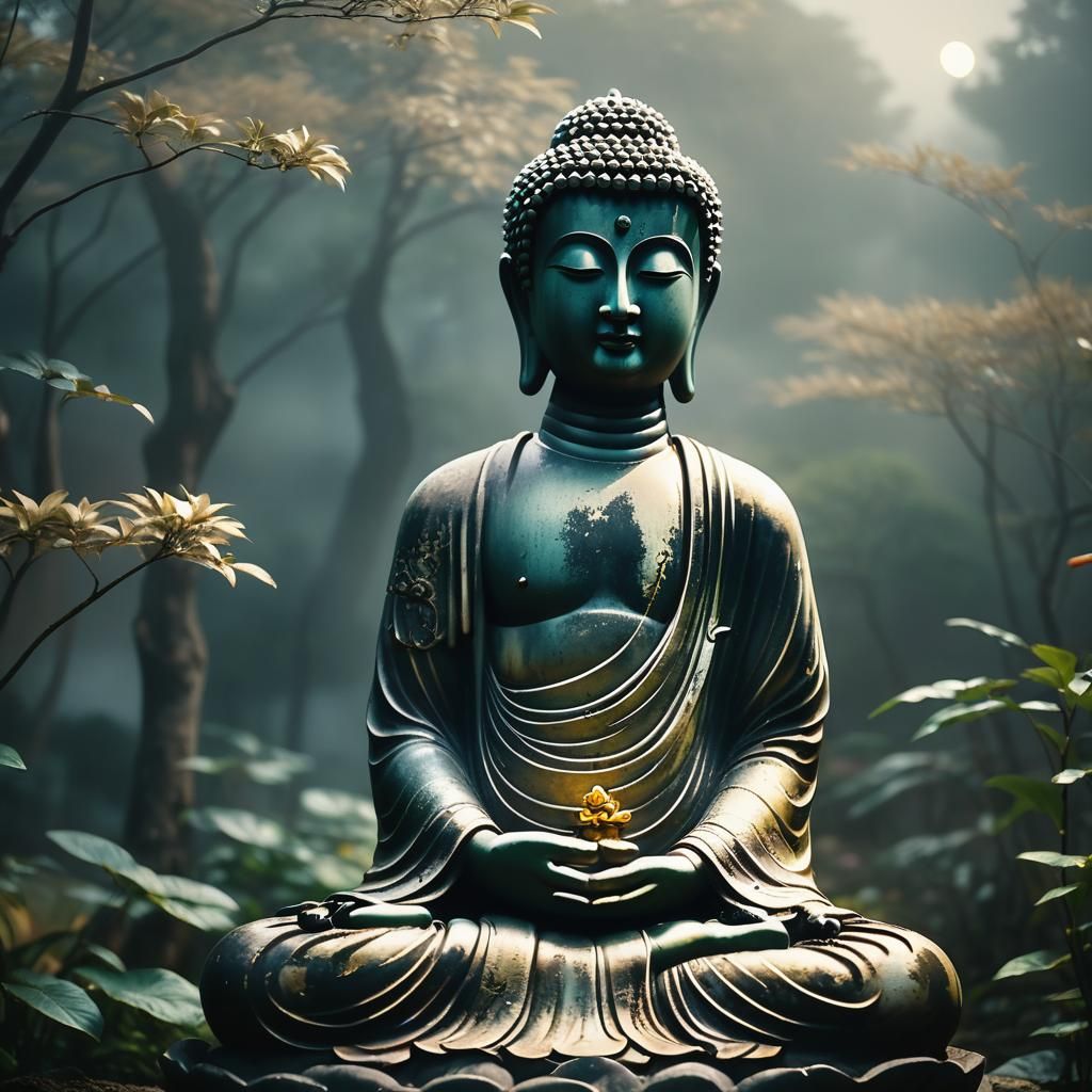 Serene Buddha Statue in Misty Moonlight Garden