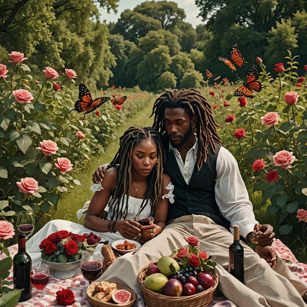 Romantic Picnic of Elegant Couple in Lush Field