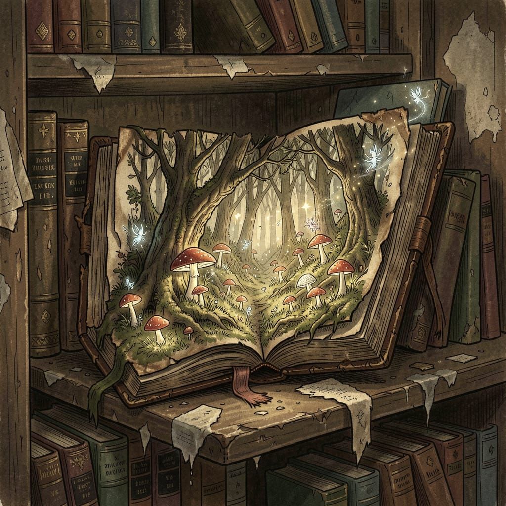 Enchanted Forest Emerges from Open Book on Library Shelf