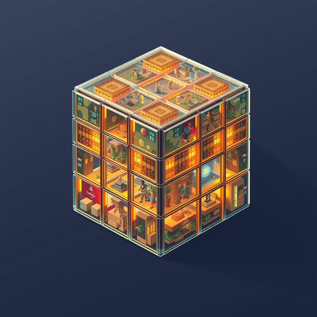 A Geometric Cityscape of Interconnected Cubes