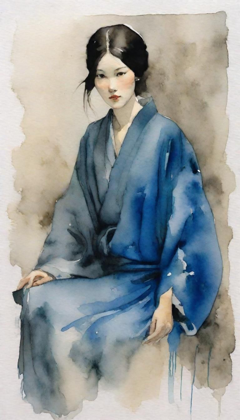 Watercolor Painting of a Woman in Bistre and Blue