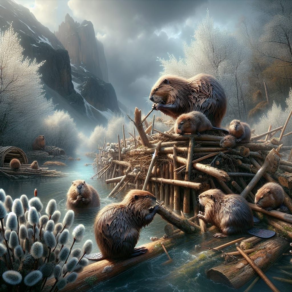 Beaver Family Building Dam: Digital Matte Painting