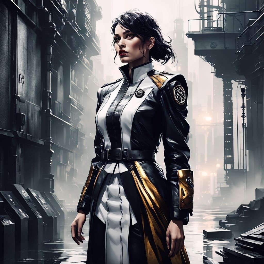 Dieselpunk Woman in Misty Alleyway