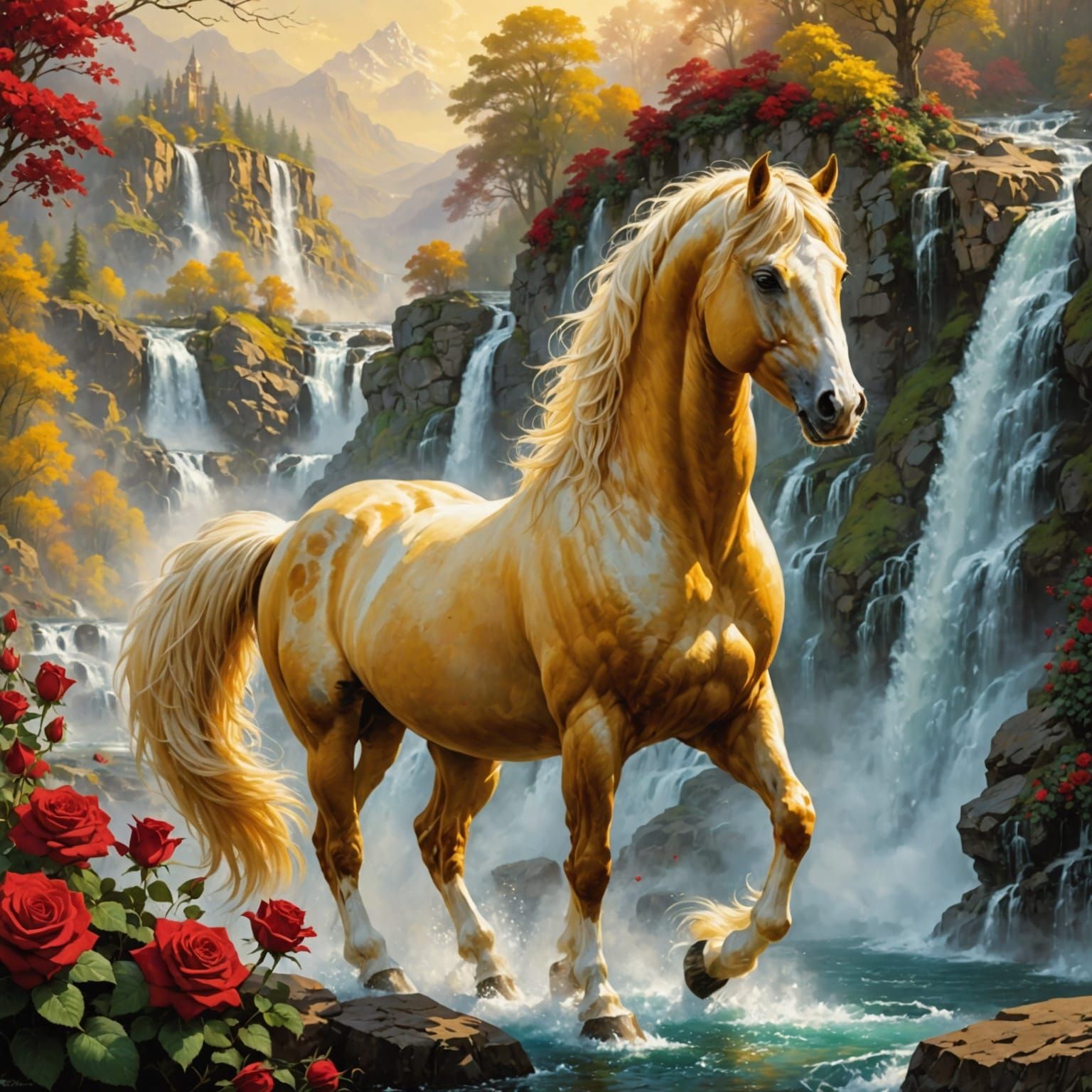 Golden Stallion in Dreamy Waterfall Paradise