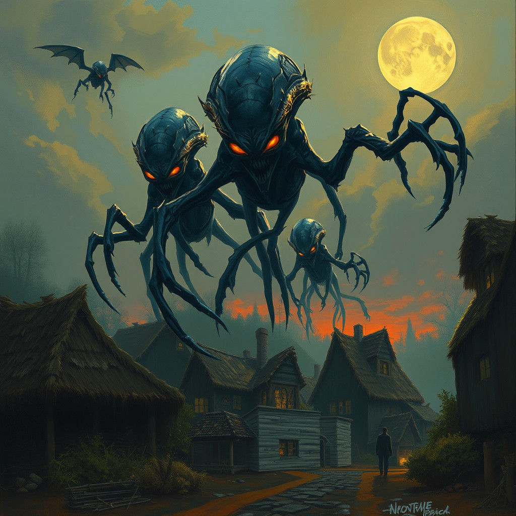 Ominous Aliens Attack Village in Dark Fantasy Style