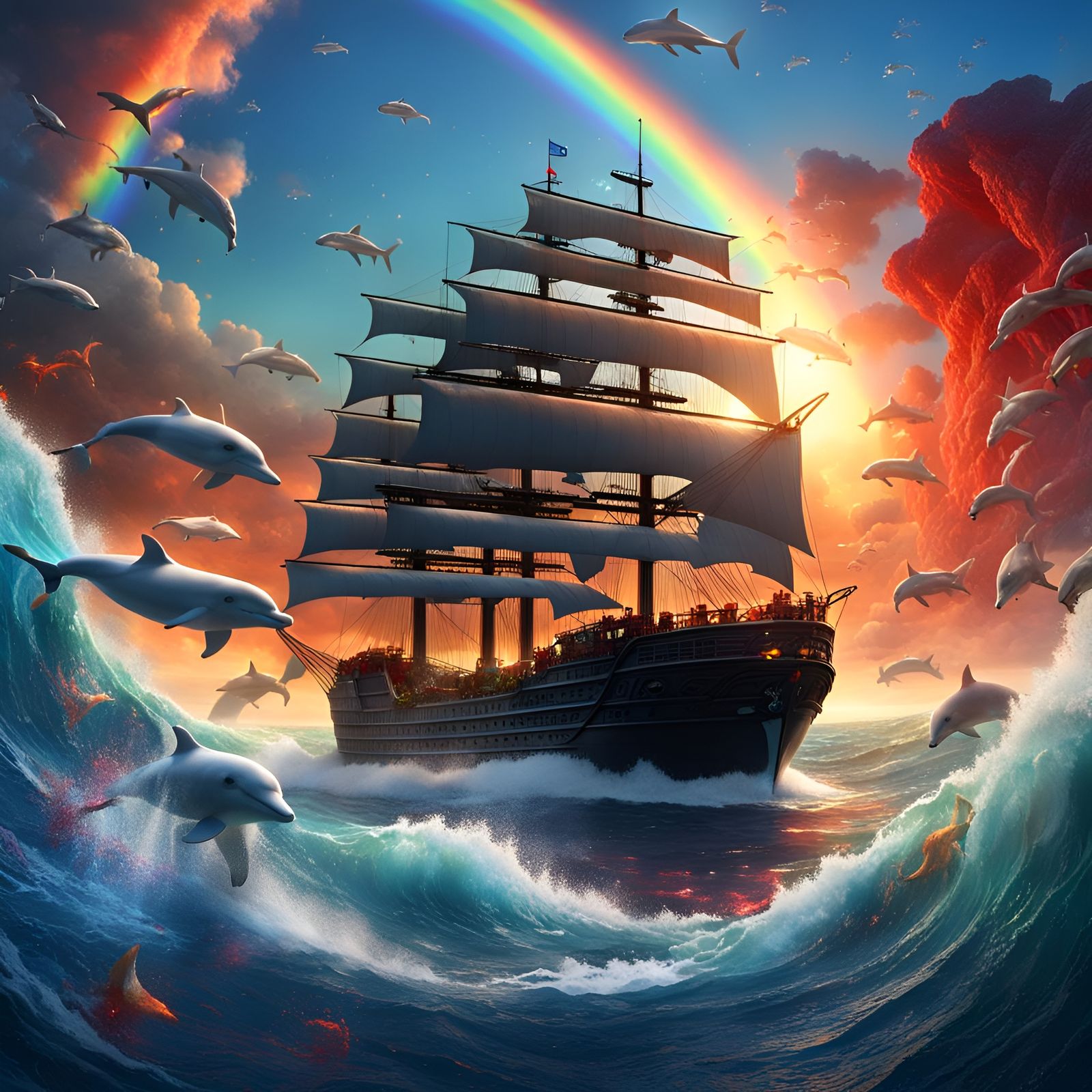 Rainbow Ocean Scene with Ship, Dolphins, and Animals