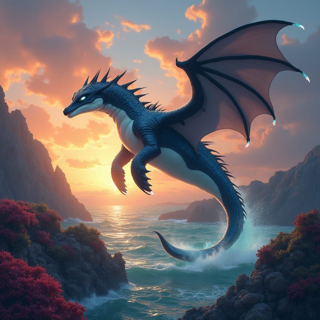 Dragon Orca Hybrid Soars Through Coral Ocean at Sunset