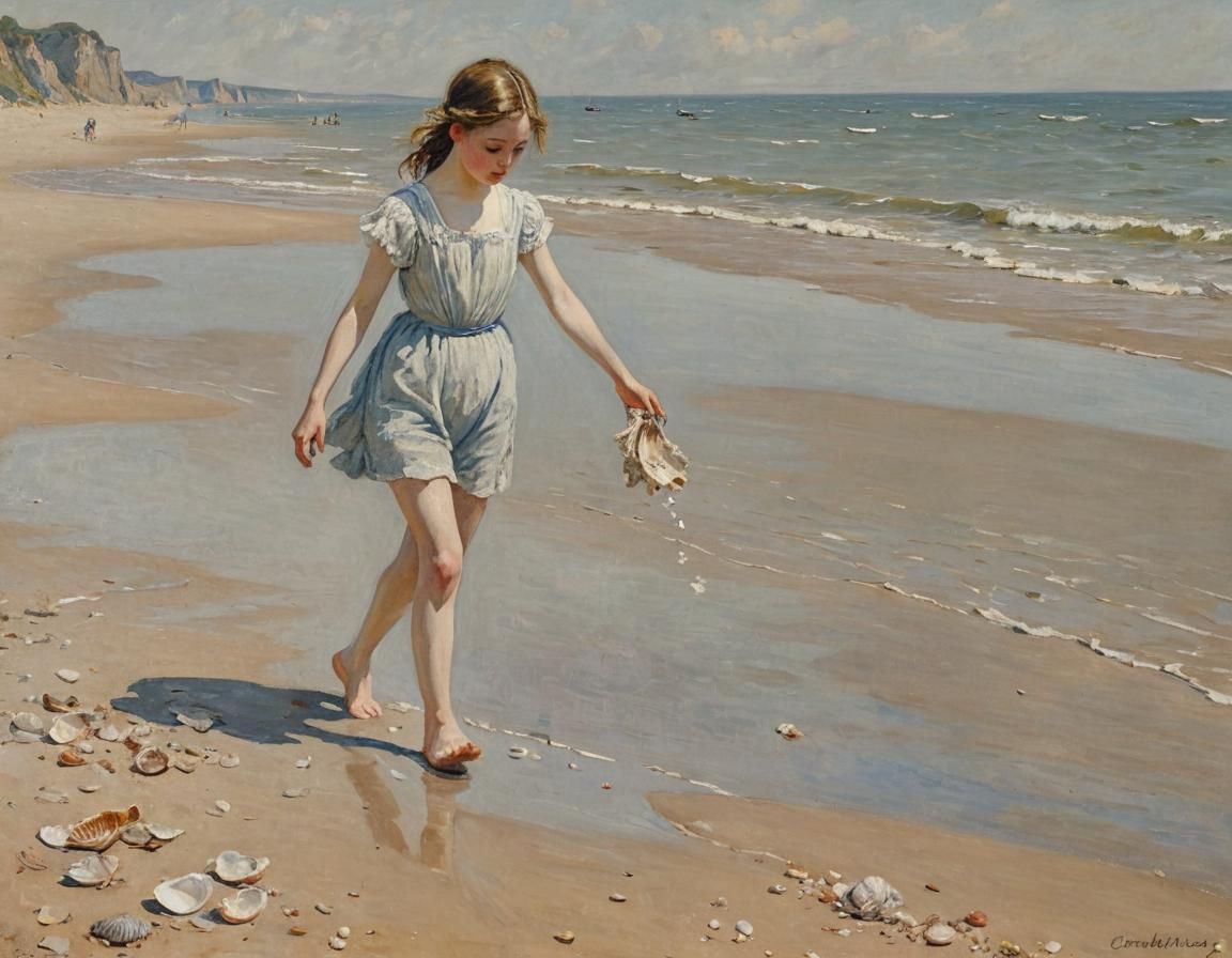 Girl Collecting Shells: Impressionistic Beach Scene