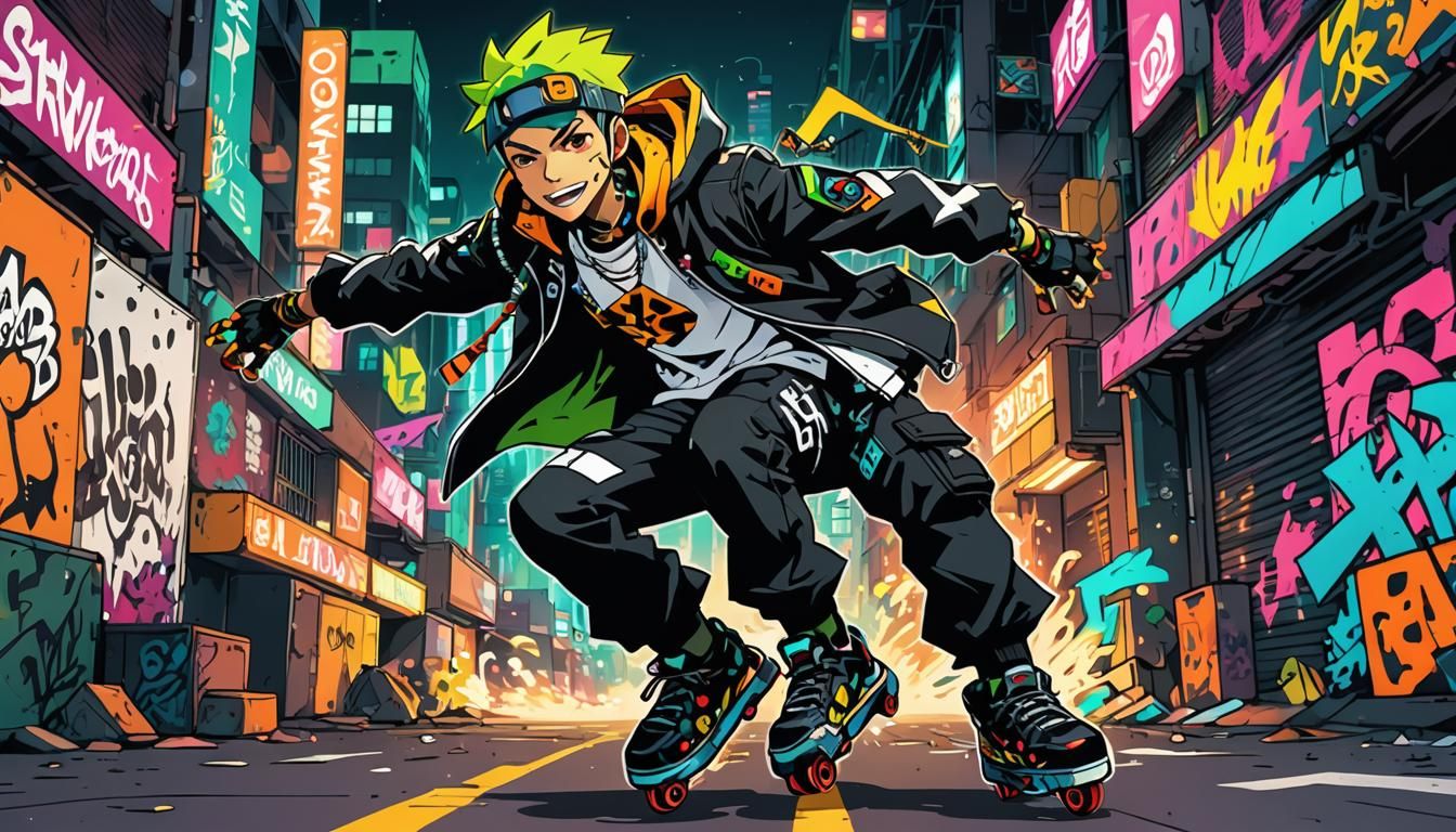 Vibrant Anime Goth Boy Performs Street Tricks Under Neon Lig...
