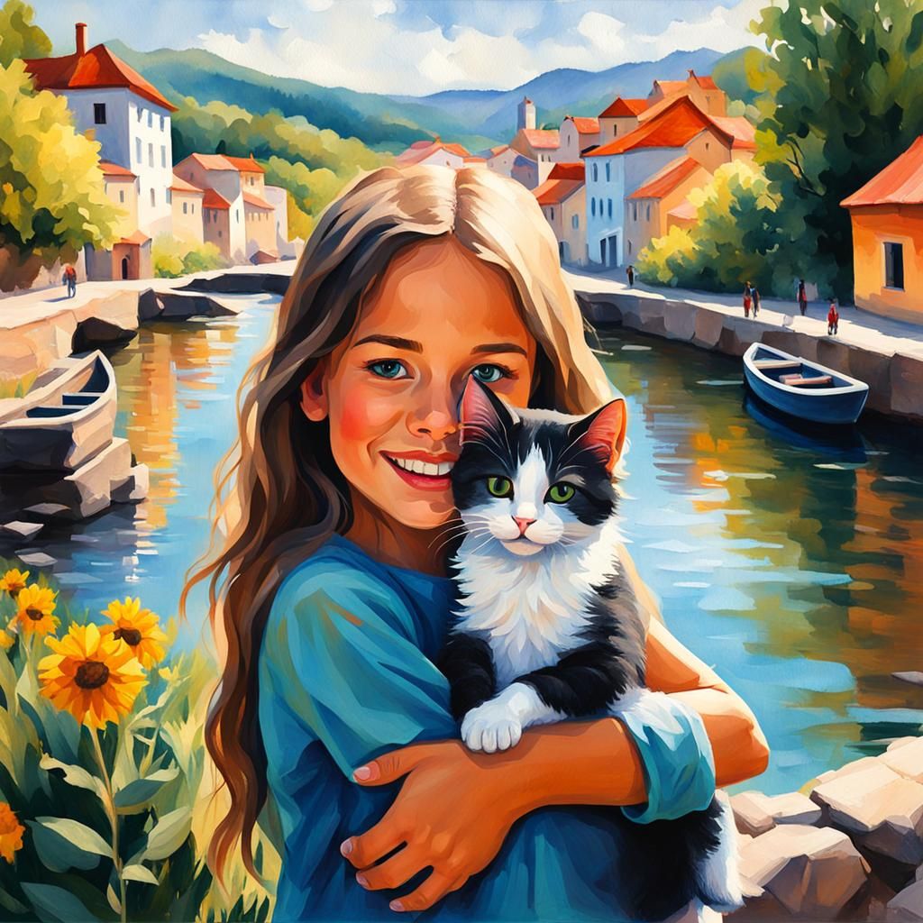 Girl Hugging Kitten: Impressionist Gouache Watercolor