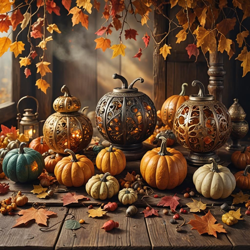 Fantastical Autumn Still Life with Lanterns in Macro