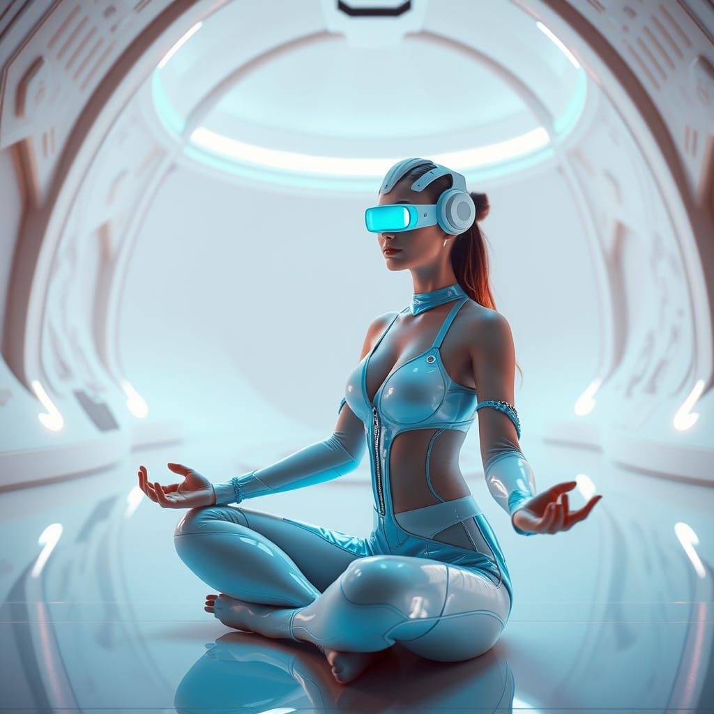 Futuristic Princess Meditates in a Bright, White Room