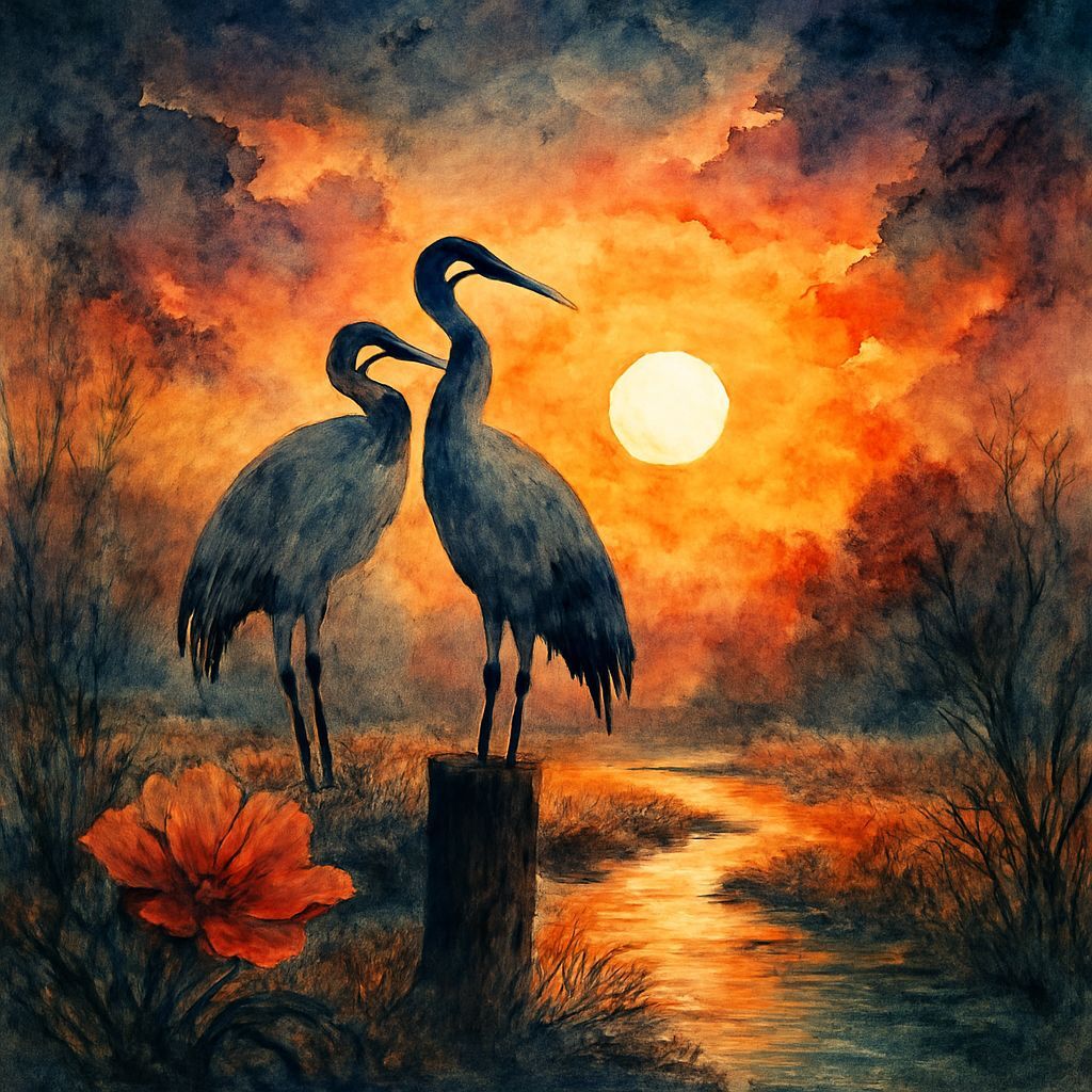 Elegant Cranes by Mystical Sunrise in Watercolor
