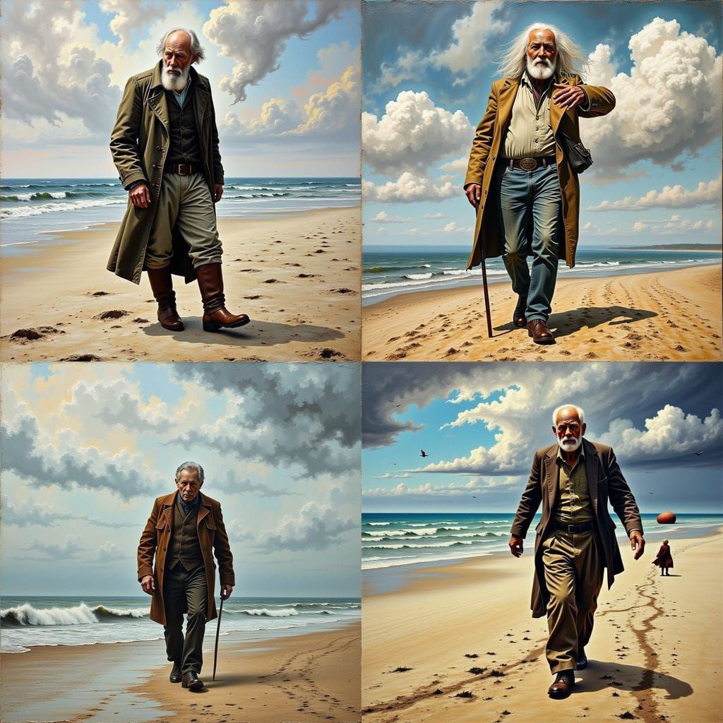 Portrait of an old man beach walking, windy, decoupage, neo-...