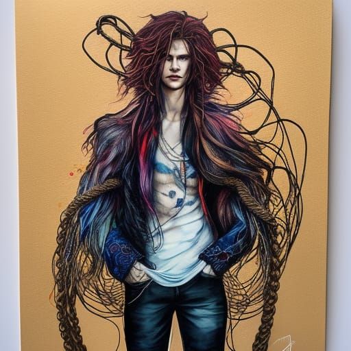 Stylish Young Man with Rope in Alcohol Ink