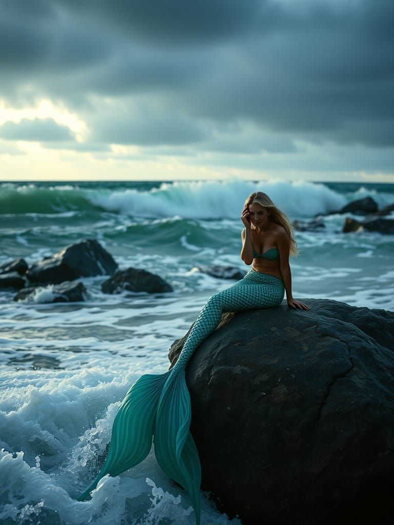 Dramatic Mermaid on Rock with Flowing Tail