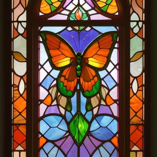 An orange fuzzy jewel moth stained glass window
