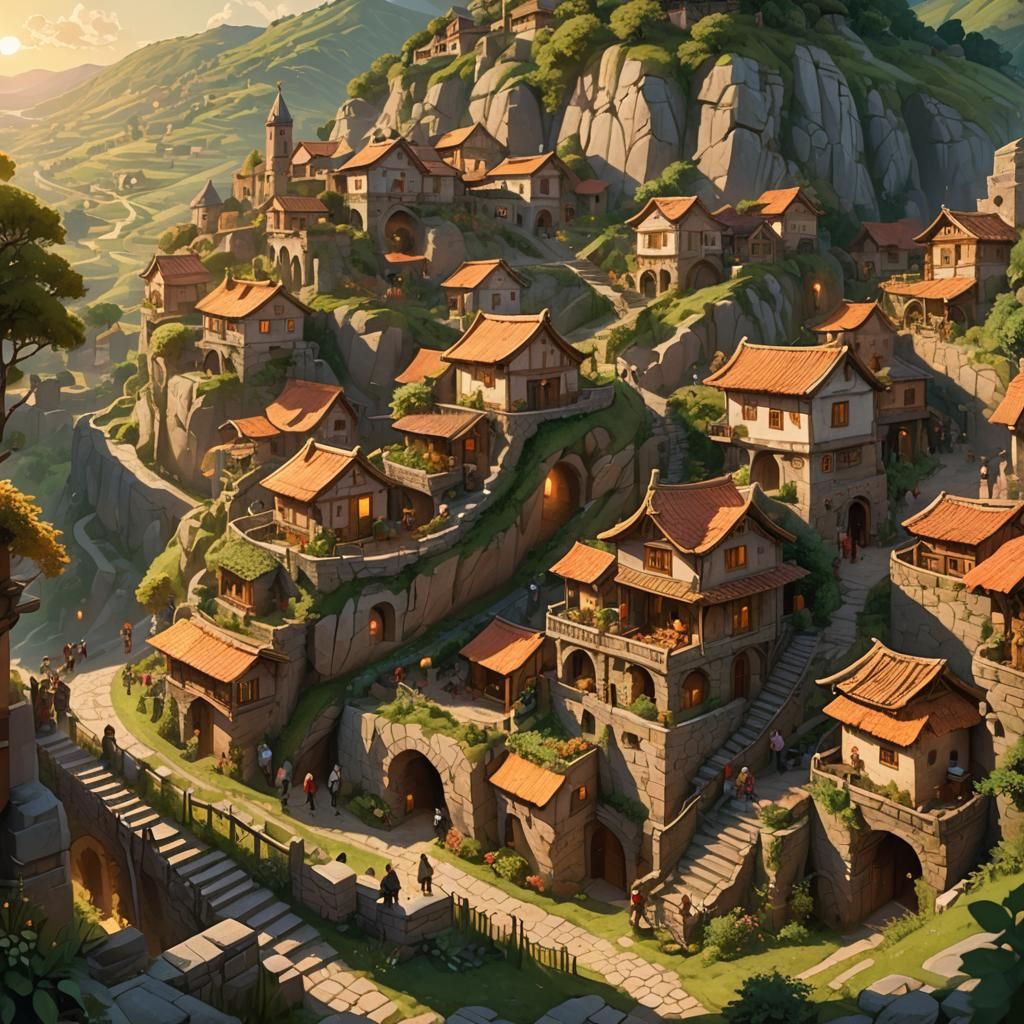 Whimsical Fantasy Village Basks in Sunset Glow, Shaded by a....