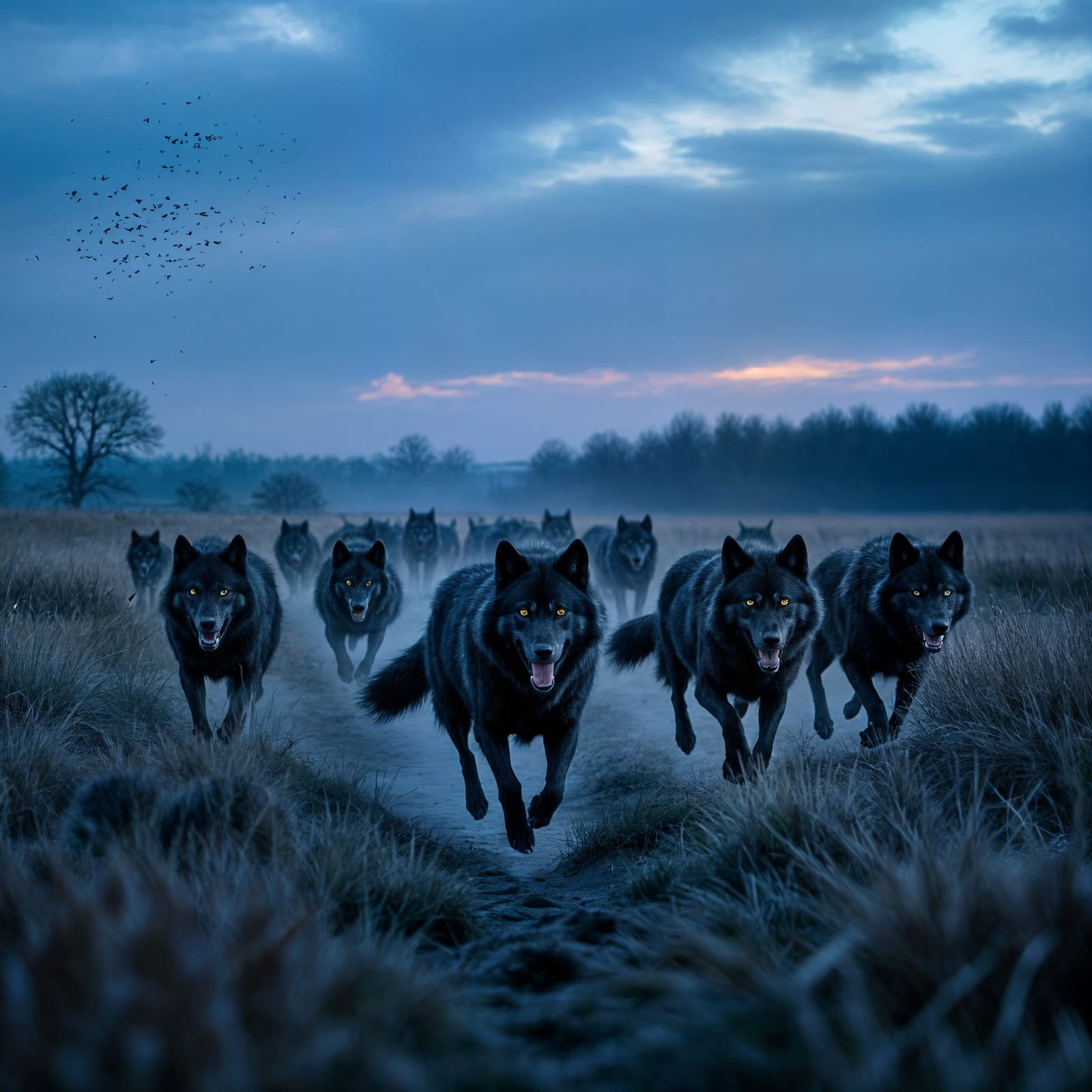 Black Wolf Pack Running at Dusk