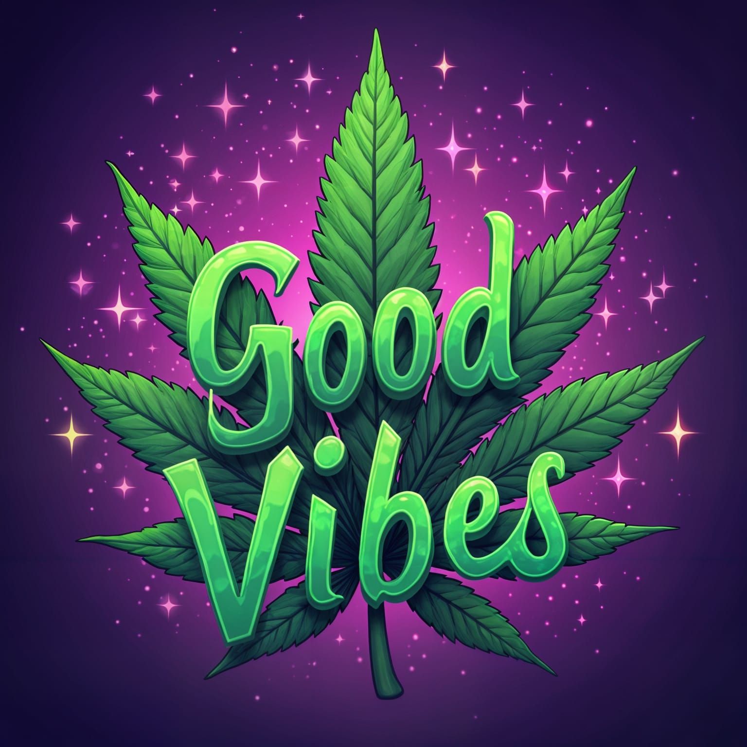 Good Vibes on Cannabis Leaf with Purple Sparks