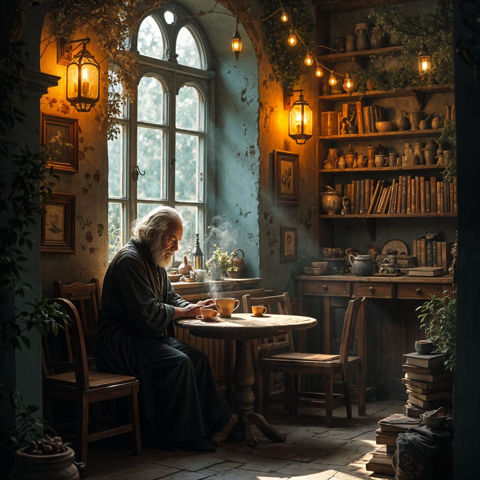 Magical Cafe With Floating Lanterns and Self-Pouring Cups