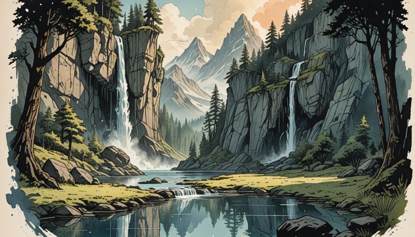 Majestic Waterfall in a Retro-Style National Park