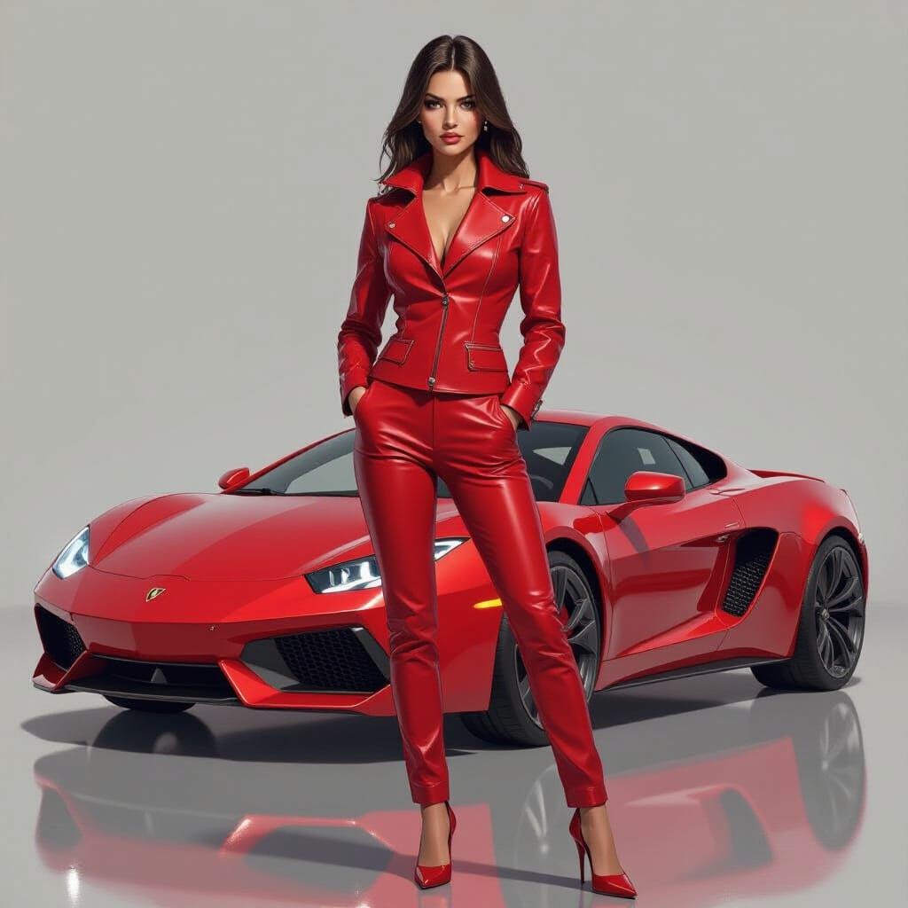 Woman in Red Leather Next to Sportscar