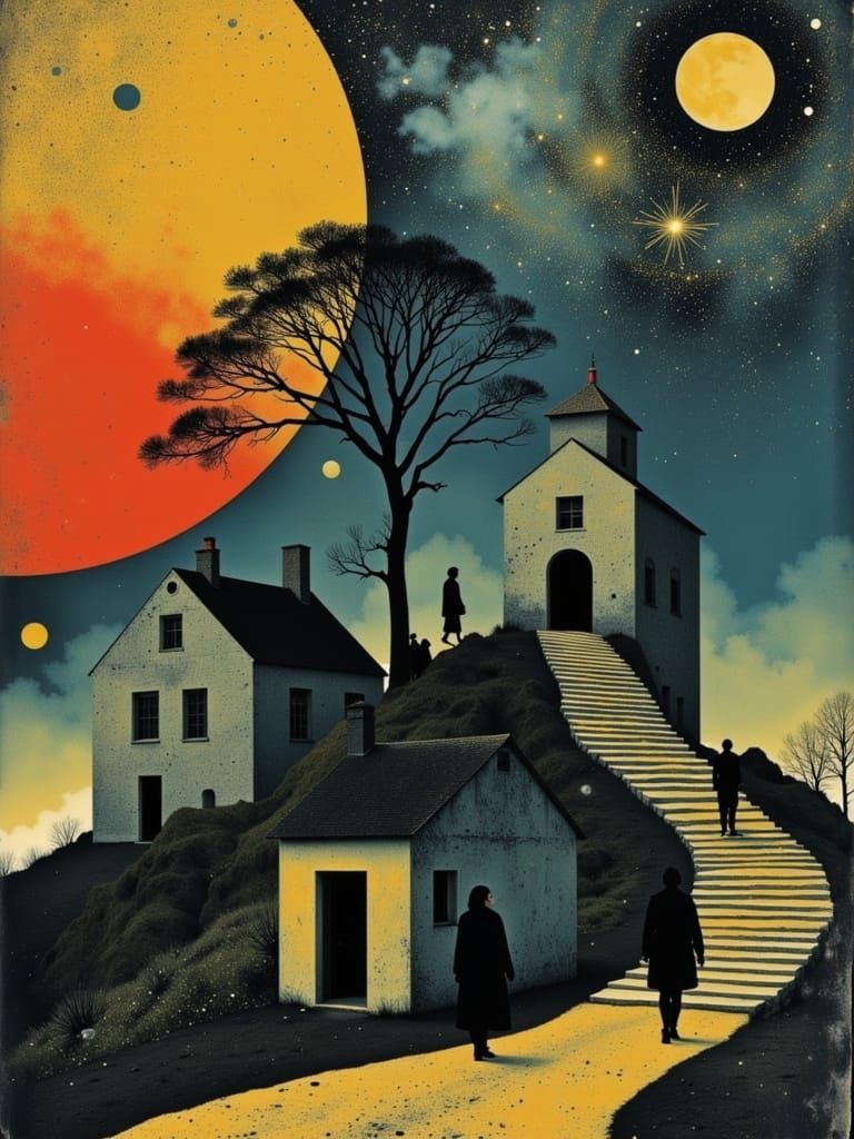 Surreal Sunset with Winding Staircase in Dreamlike Style