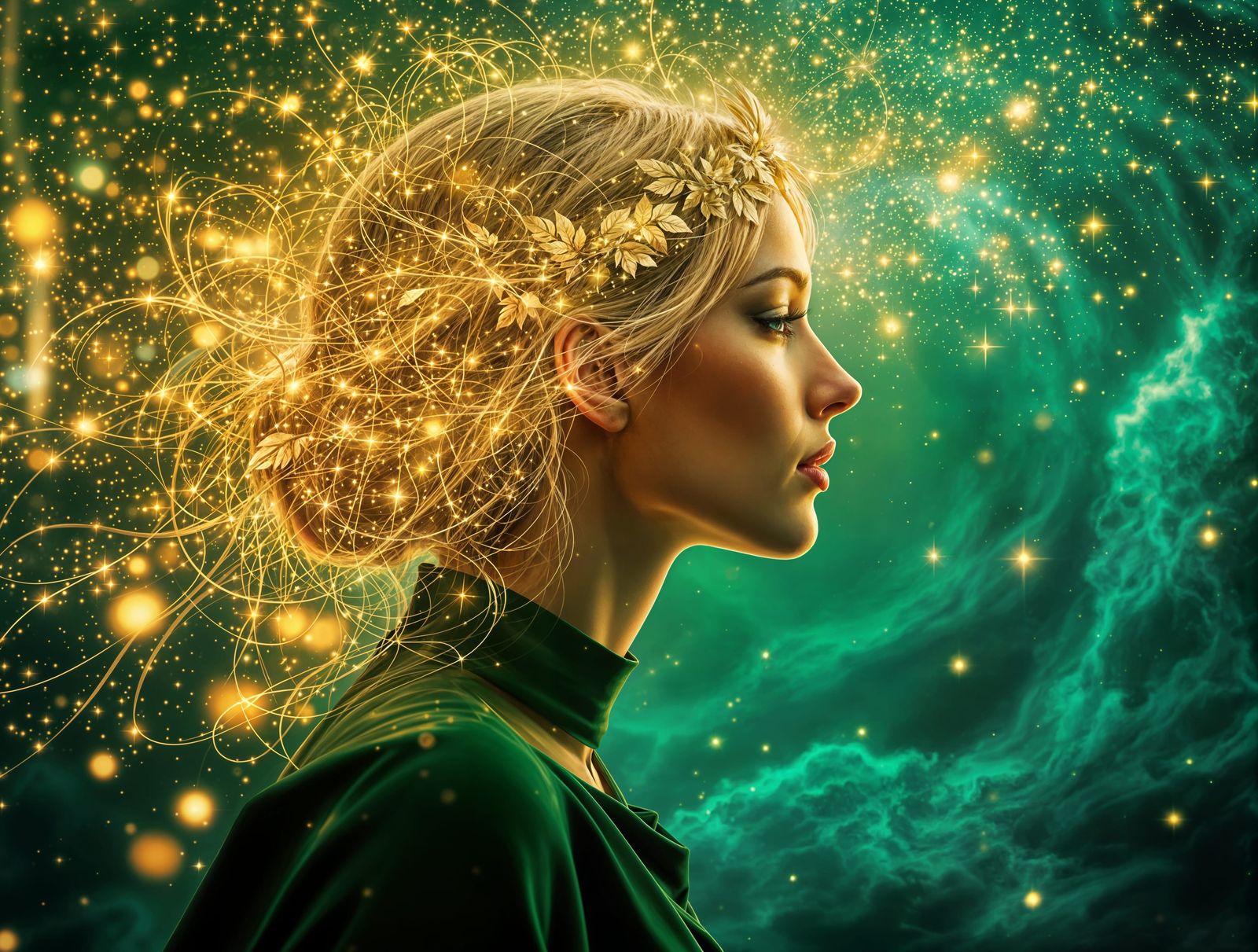 Woman Radiates Golden Light Amidst Celestial Cityscape