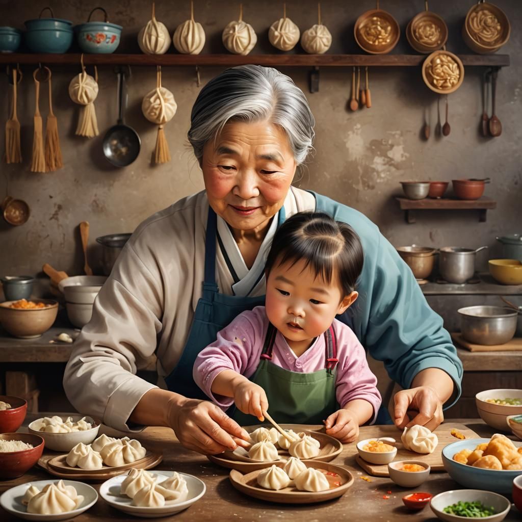 Chinese Grandmother Teaching Child to Make Dumplings