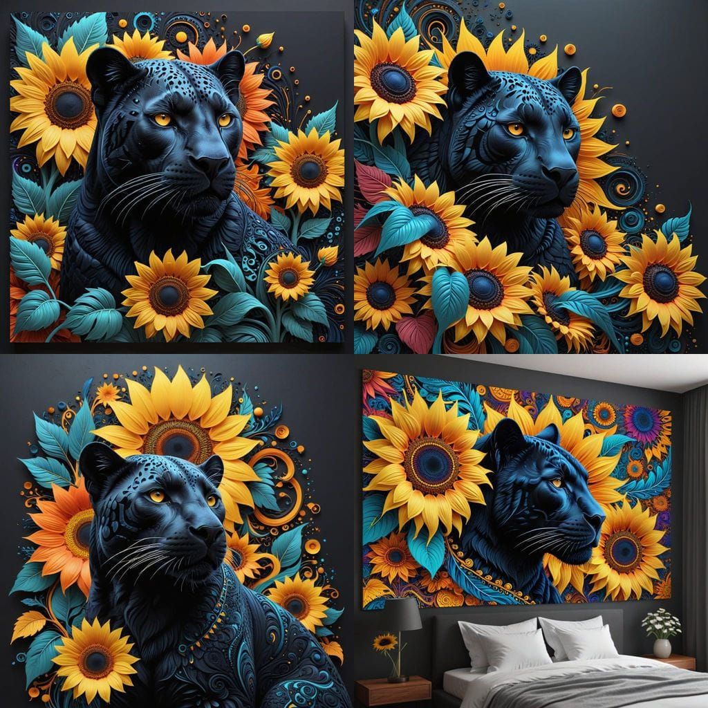 psychedelic sunflowers and a black panther on my bedroom walls.