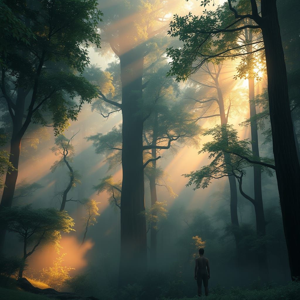 Golden Light Filters Through a Dense, Vibrant Forest