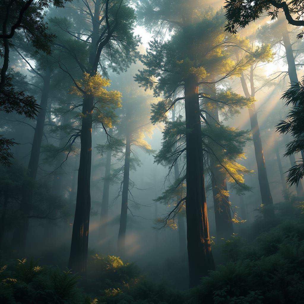Misty Forest Landscape in Photorealistic 3D Style