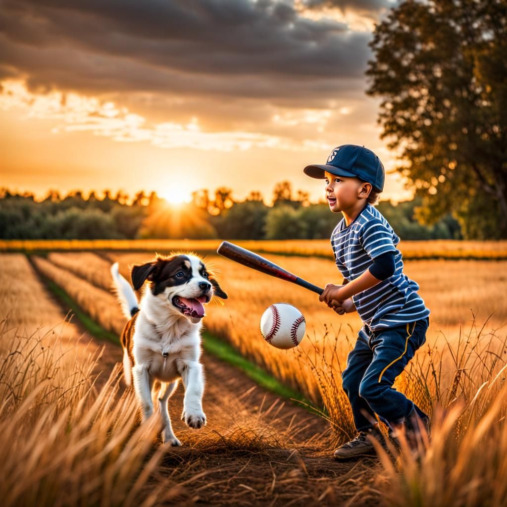 Boy and Puppy Playing Baseball in Field