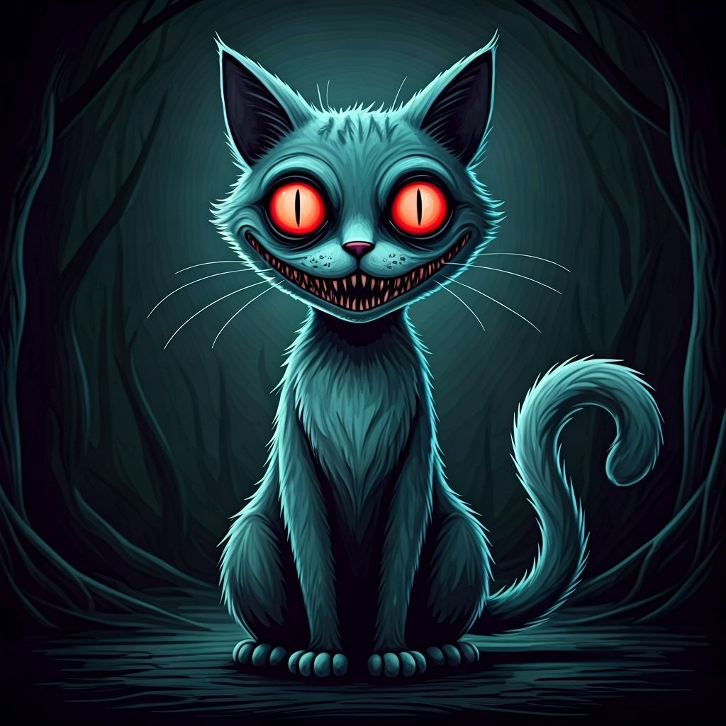 Scary Cartoon Cat Monster with Glowing Red Eyes
