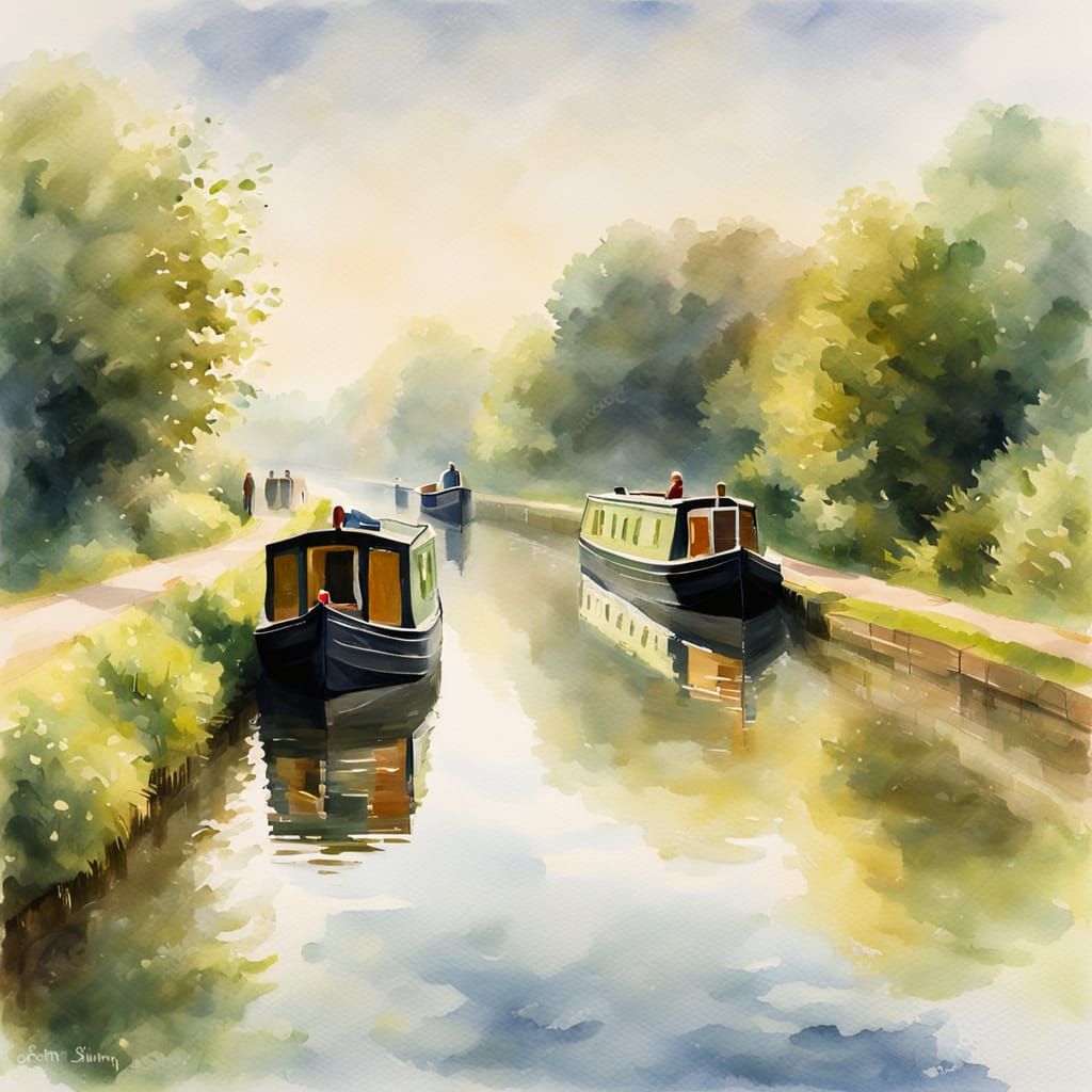 Idyllic Narrowboat Journey on English Canal: Impressionist S...