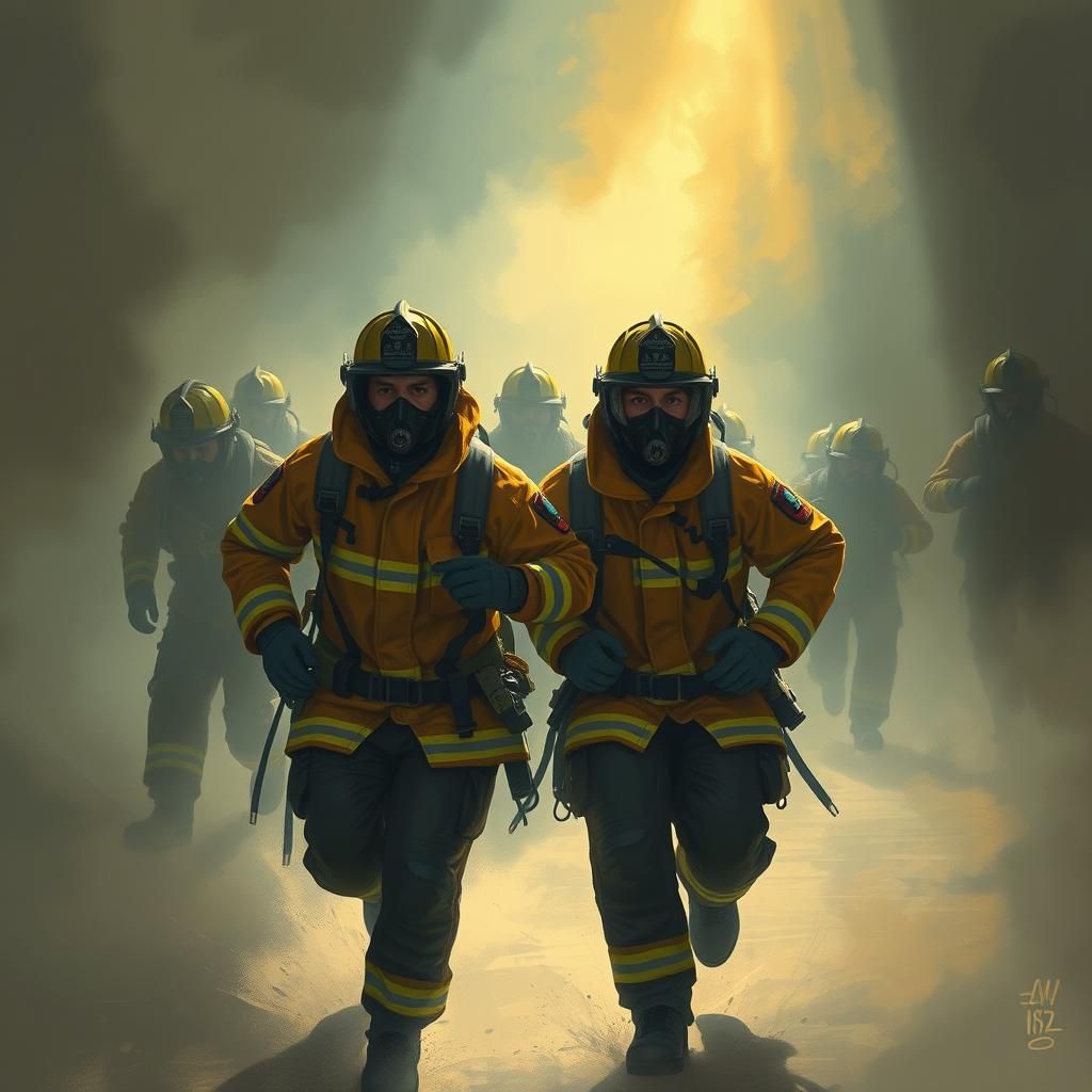 Heroic Firefighters in Smoke-Filled Scene: Futuristic Realis...