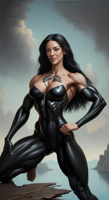 Muscle Goddess Flexing in Surreal Oil Painting