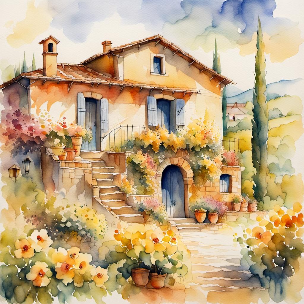 Italian Village Vineyard in Watercolor Style